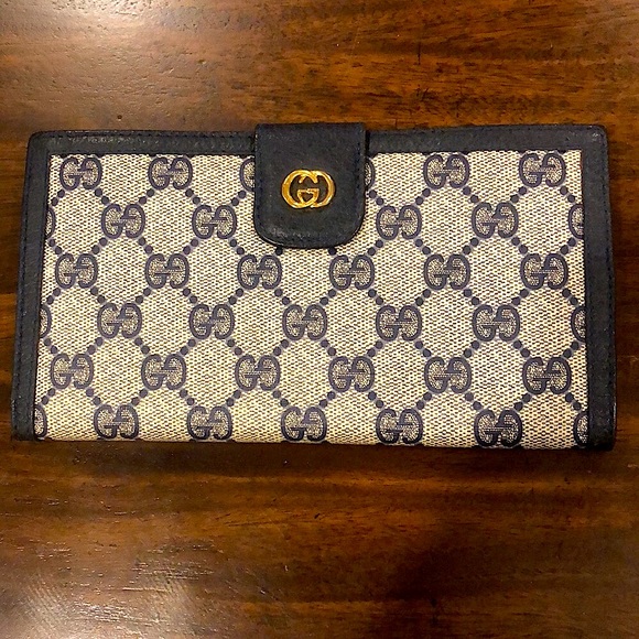 GUCCI GG Monogram Navy Blue Leather and Coated Canvas Long Bifold Wallet Vintage - Picture 17 of 17